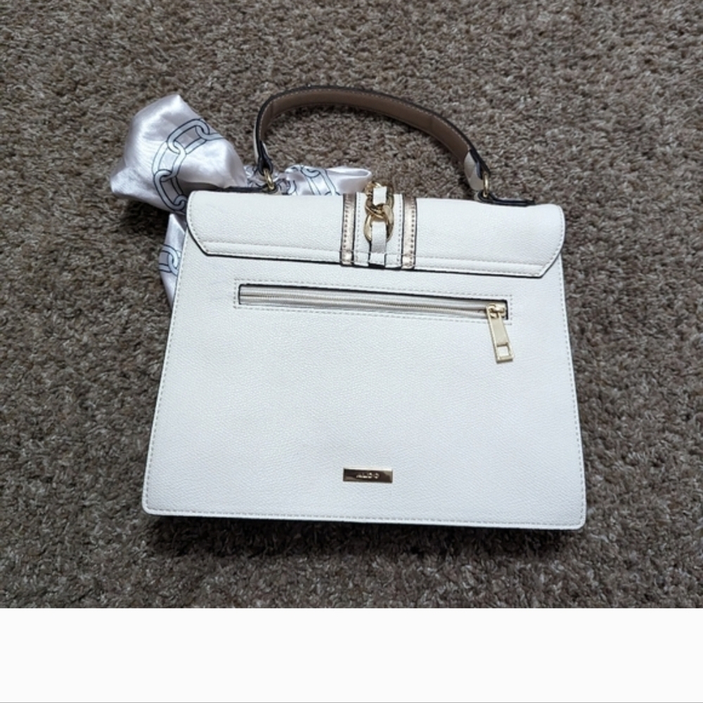 ALDO White Cross Body Top-Handle Satchel with Gold Chain and Scarf Accent - Picture 4 of 6